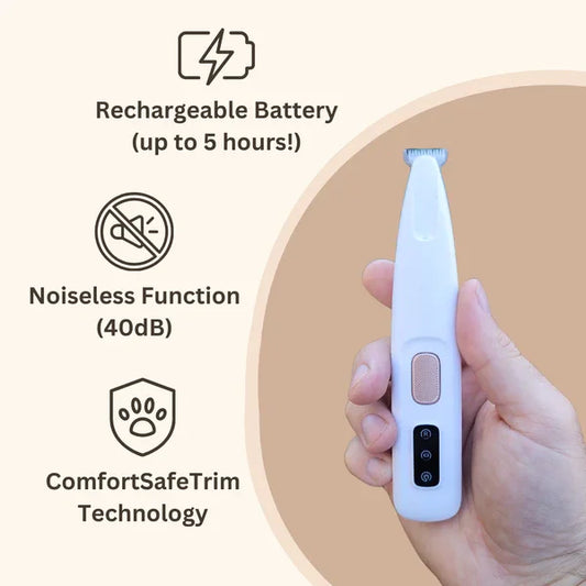 Hand hält weißen Trimmer mit ComfortSafeTrim-Technologie, leise, wiederaufladbar, Morivar Gadget